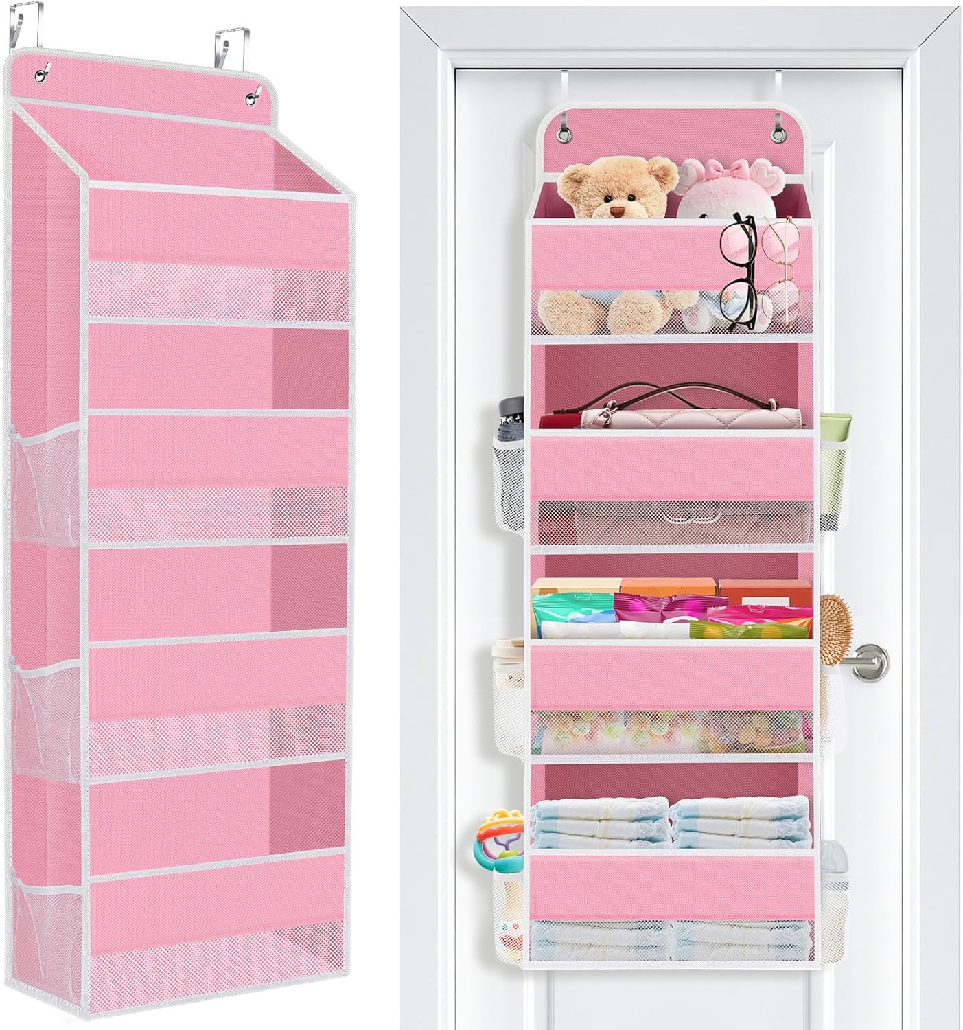 SpaceWhisper Over The Door Organizer - 4 Large Pocket Hanging Storage for Nursery, Bathroom & Closet (Pink)