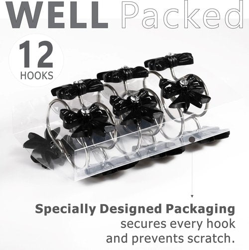 Black Decorative Shower Curtain Hooks: Cute Bow Knot Shaped Rustproof Stainless Steel Shower Curtain Rings for Holiday Bathroom Décor - Chic Bathroom Accessories & Gift Set for Girls Kids Women