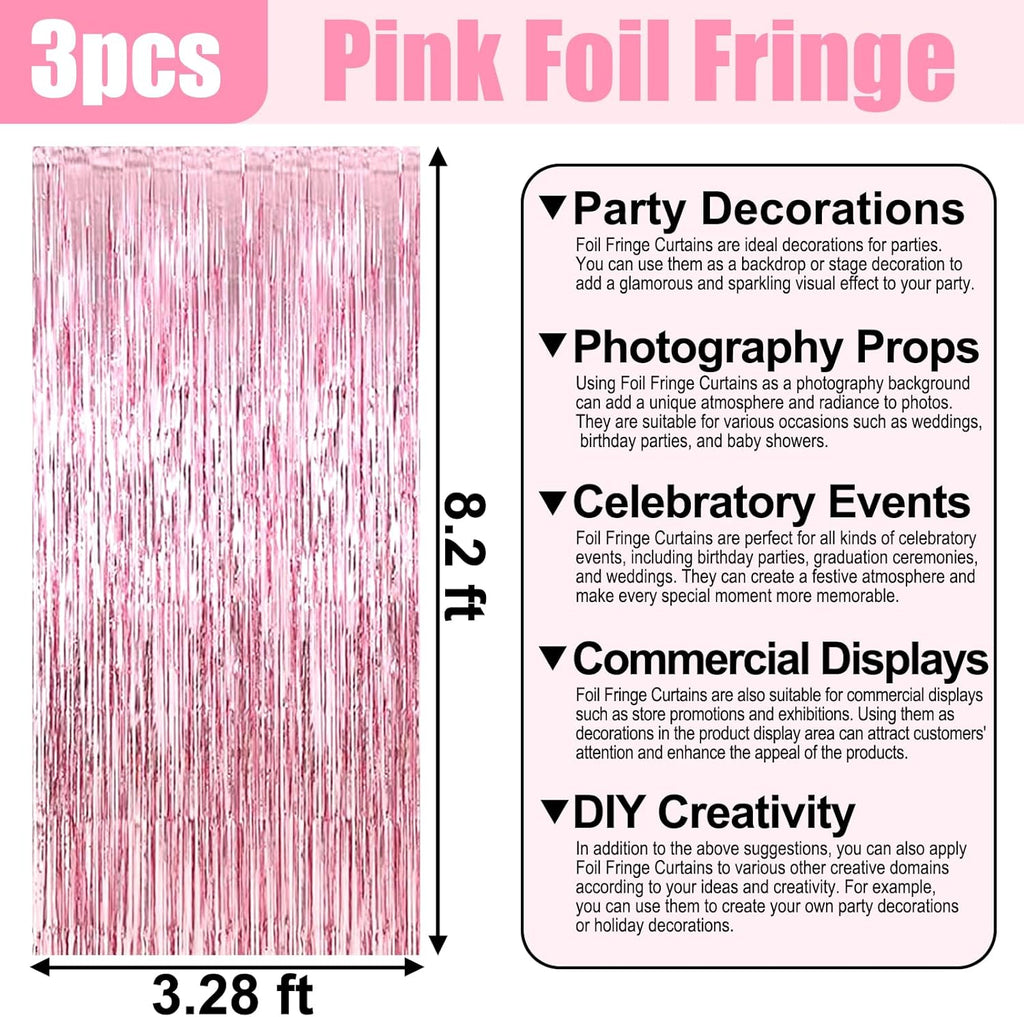 Pink Foil Fringe Curtain Backdrop by [Brand Name] - 3 Pack Metallic Tinsel Streamers | 3.28Ft x 8.2Ft for Parties & Events