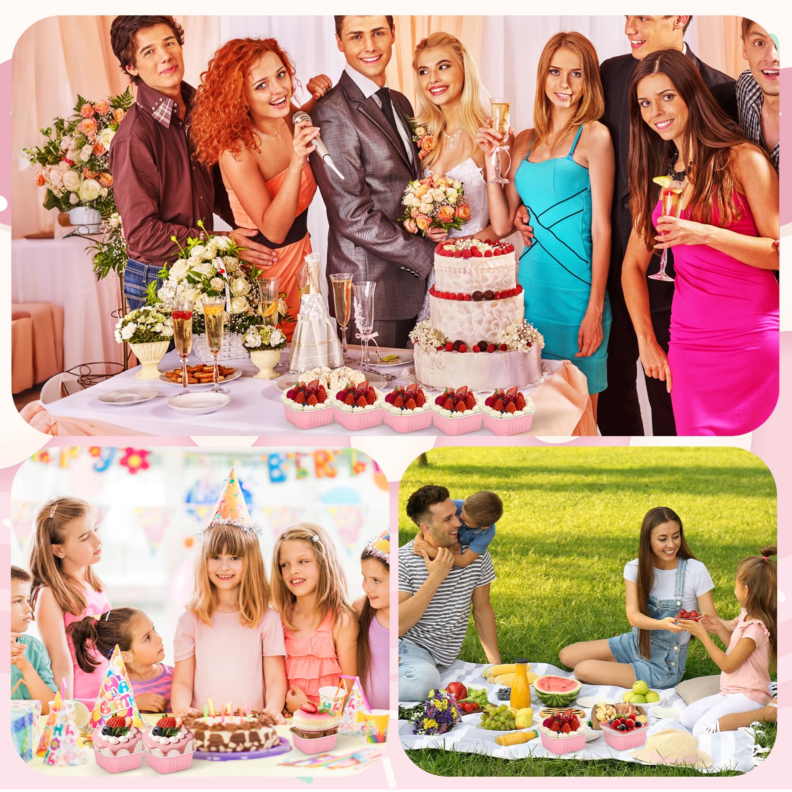 ylnurac 100Pack 5oz Pink Mini Cake Pans with Lids Baking Cups Aluminum Foil Pans Tins, Individual Dessert Cups Containers for Sales,Party,Picnics