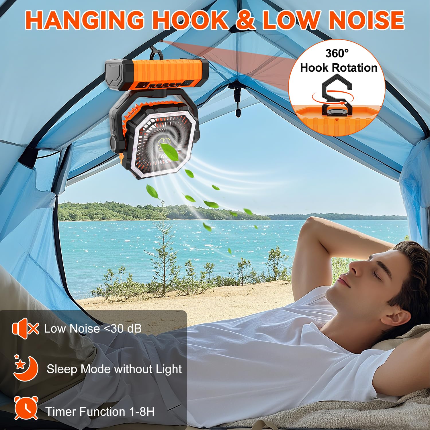 ZioeYiue Camping Fan Rechargeable, 20000mAh Large Battery Powered Fans, 4 Speed Rechargeable Fan with Remote, Cordless Battery Operated Fans with LED Light and Hanging Hook for Camp Tent Beach Outdoor