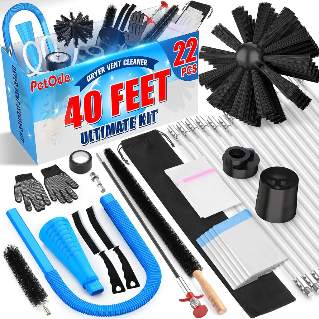 PetOde 40-Feet Dryer Vent Cleaner Kit - 22-Piece Lint Removal Tools with Flexible Brush & Attachments