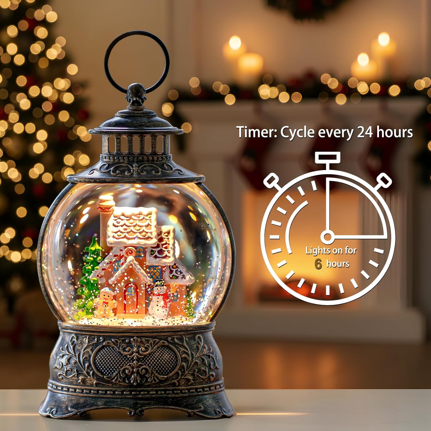 Regine Switzerland Christmas Snow Globe - Gingerbread Man & Snowman Water Lantern with Music & Timer | USB/Battery Operated Holiday Decor