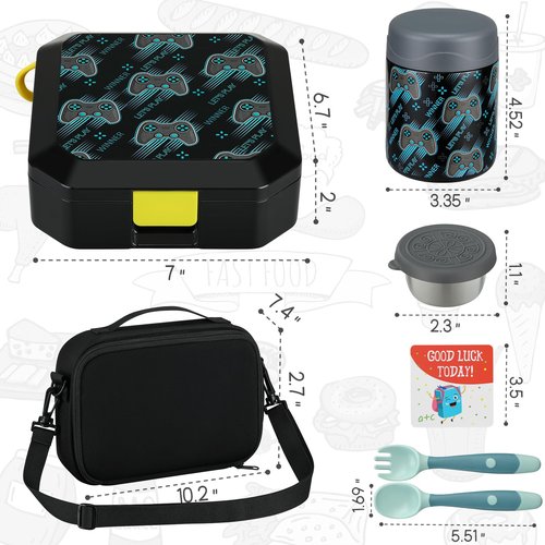 Itslife Bento Lunch Box Set for Kids with 12oz Soup Thermo&Lunch Bag, Leak-Proof Lunch Food Containers for Kids School, 5 Compartment, Sauce Cup, 10 Notes (Gaming Black)