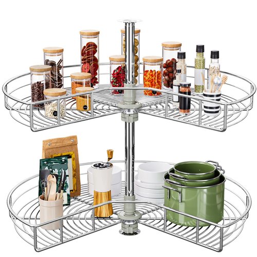 DWVO 31″ Kidney 2-Tier Lazy Susan – Telescoping Mount Corner Cabinet Organizer with Pie-Shelf Design, for Bathroom,Kitchen Cabinet Blind Corners (Chrome, 270° Adjustable)