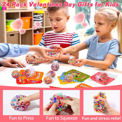 24 Pack Valentines Day Gifts for Kids Classroom Fidget Stress Balls with Valentines Cards for Kids School, Stress Relief Toys Squeeze Balls for Boys Girls Classroom Exchange Gifts Class Party Favors
