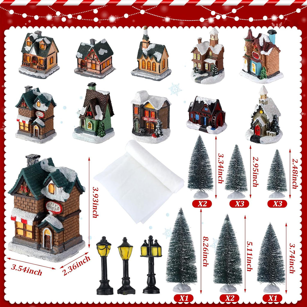 Shappy Christmas Village Houses Set - 48 Pcs with 10 LED Lights, Mini Trees & Snow Blanket