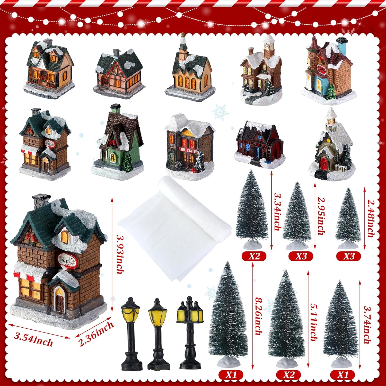 Shappy Christmas Village Houses Set - 48 Pcs with 10 LED Lights, Mini Trees & Snow Blanket