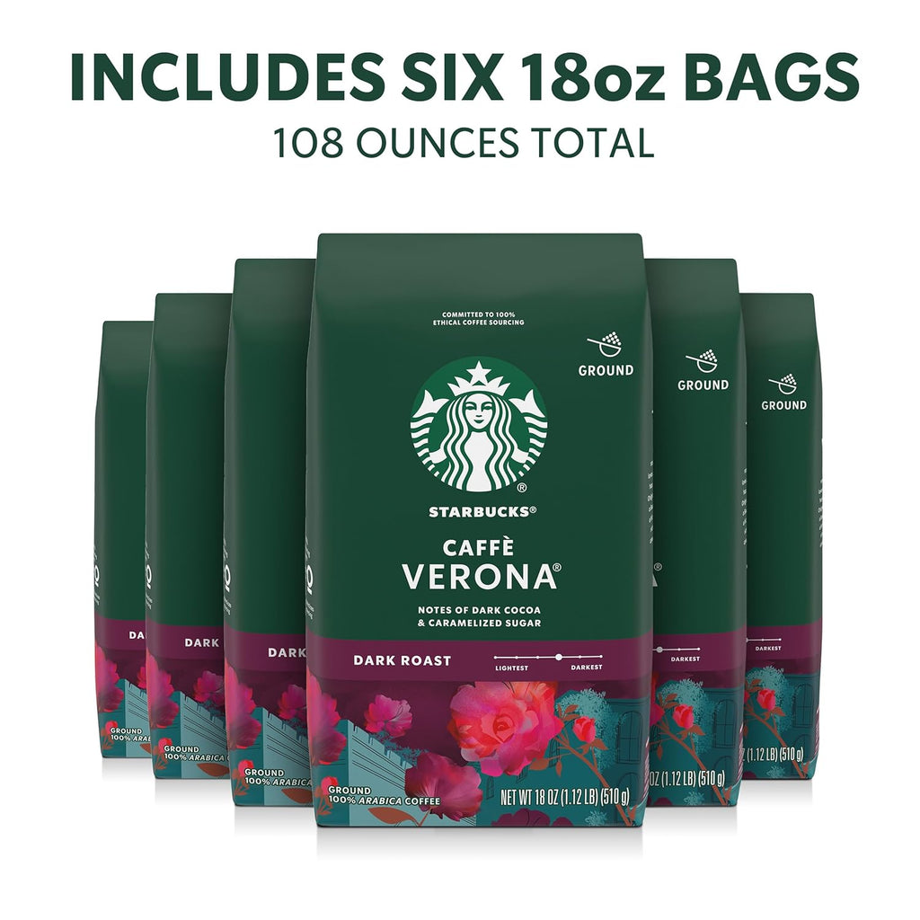 Starbucks Ground Coffee - Dark Roast Caffè Verona | Six 18 oz Bags for Hot or Iced Coffee