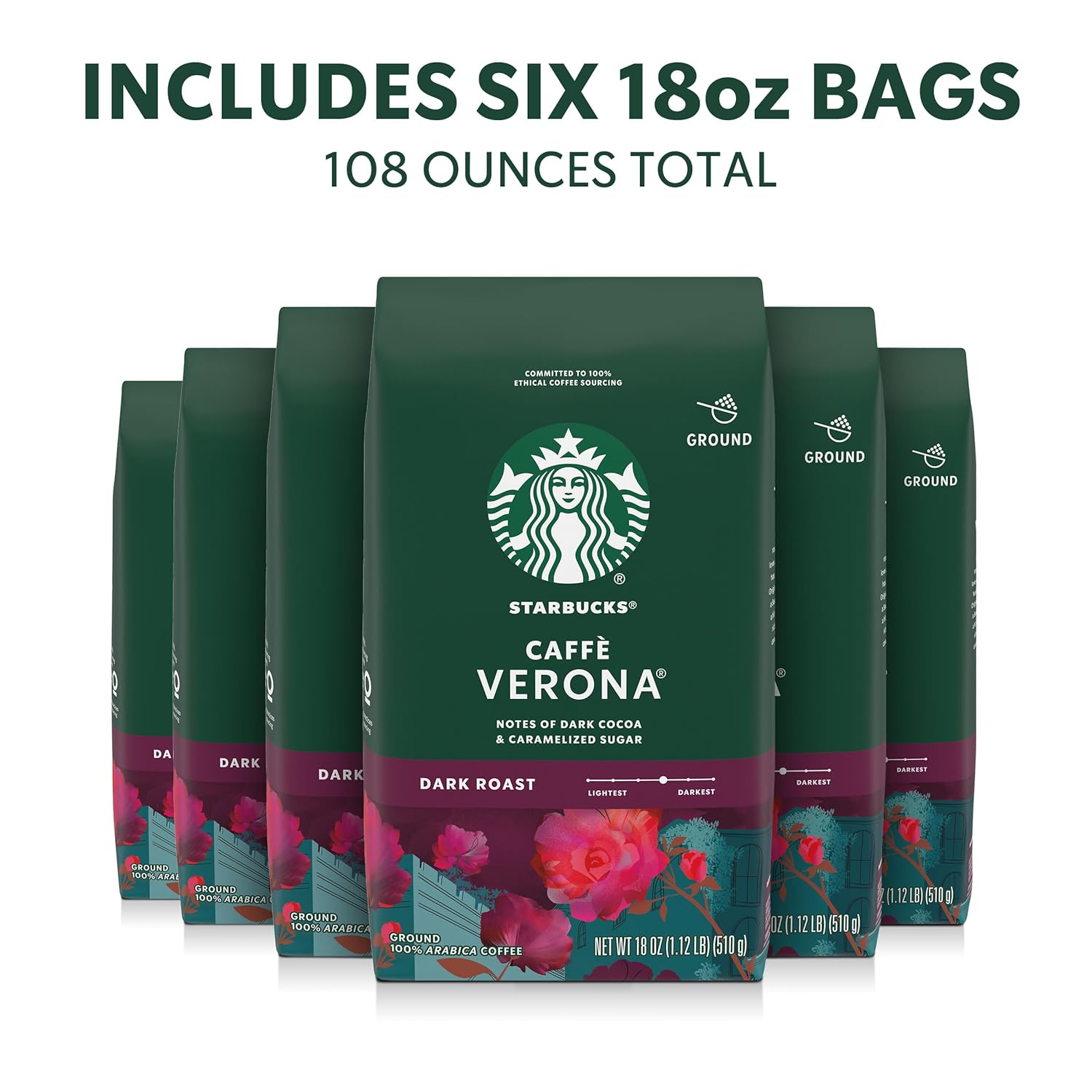 Starbucks Ground Coffee - Dark Roast Caffè Verona | Six 18 oz Bags for Hot or Iced Coffee