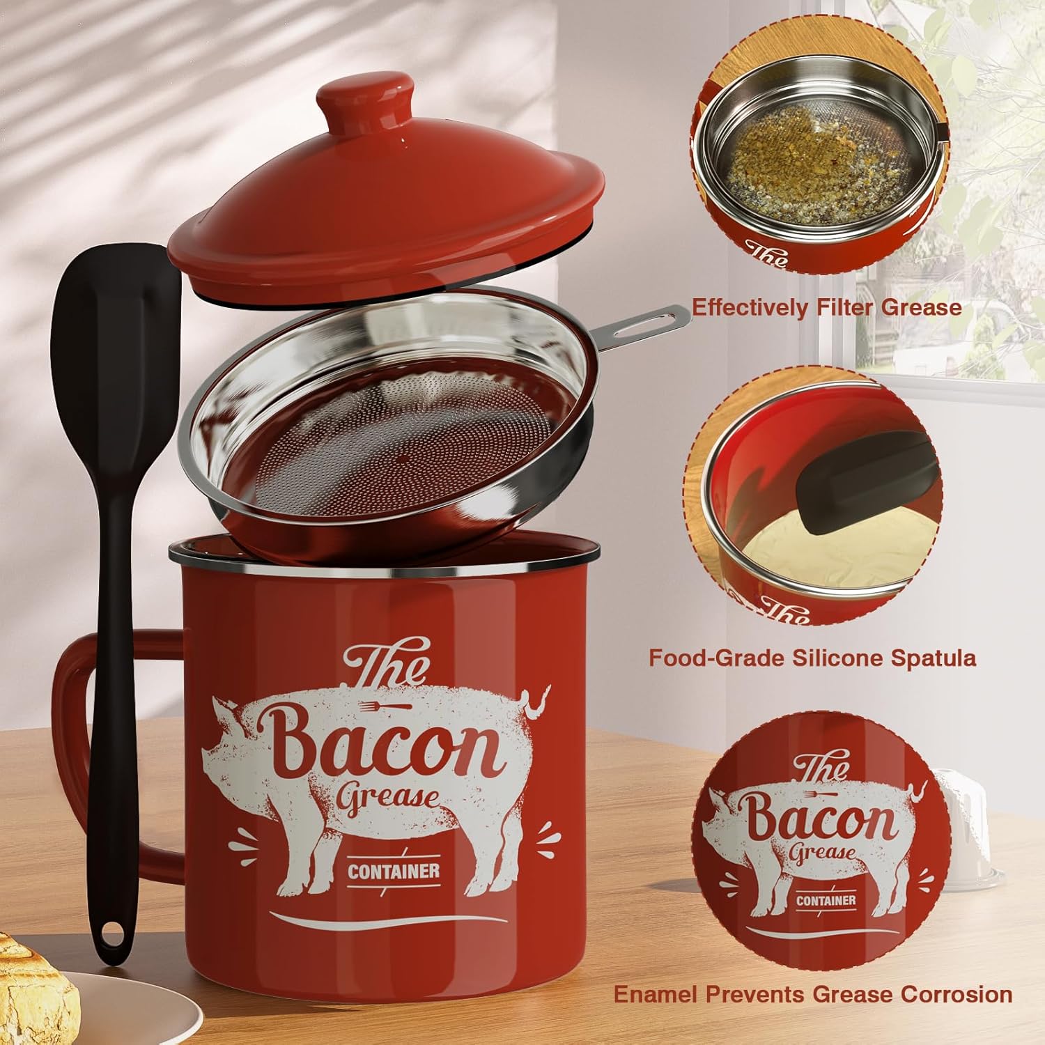 Skiennix Bacon Grease Container - 46oz Enamel Keeper with Strainer & Silicone Spatula | Red, Dishwasher Safe