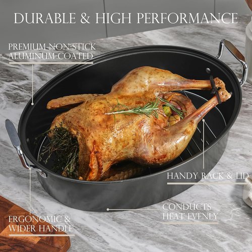 KITESSENSU Extra Large Roasting Pan with Lid - Nonstick Turkey Roaster 18 x 14 Inch | Heavy Duty, Dishwasher Safe, Gray