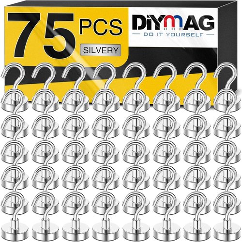DIYMAG Magnetic Hooks - 30Lbs Heavy Duty S-Hooks for Fridge, Classroom, Kitchen | 75 Pack Silver