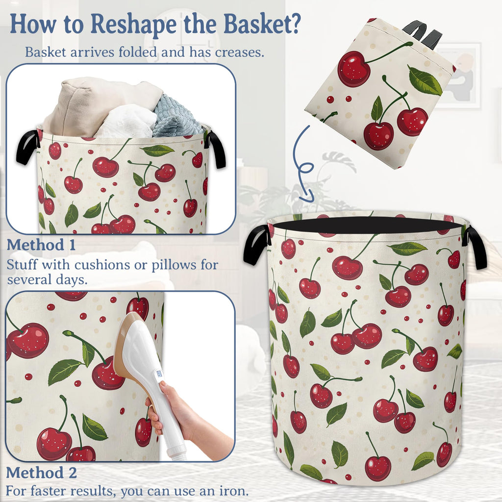 Cute Cherry Laundry Basket,Foldable Oxford Cloth Laundry Hamper With Handle, 20.8"x16" Portable Clothes Storage Basket Bag for Laundry Room/Bathroom/Bedroom/Dormitories