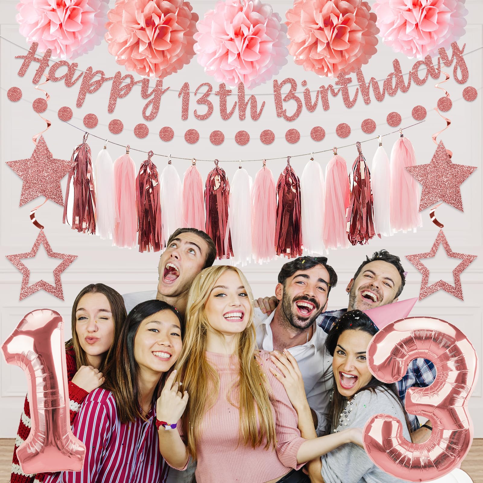 Kuxriox 13Pcs Happy 13th Birthday Decorations for Girls, Pink Rose Gold 13th Birthday Banner and Balloons, Glittery 13 Year Old Bday Tissue Pompoms, Circle Dots Garland, Tassel Garland Party Supplies