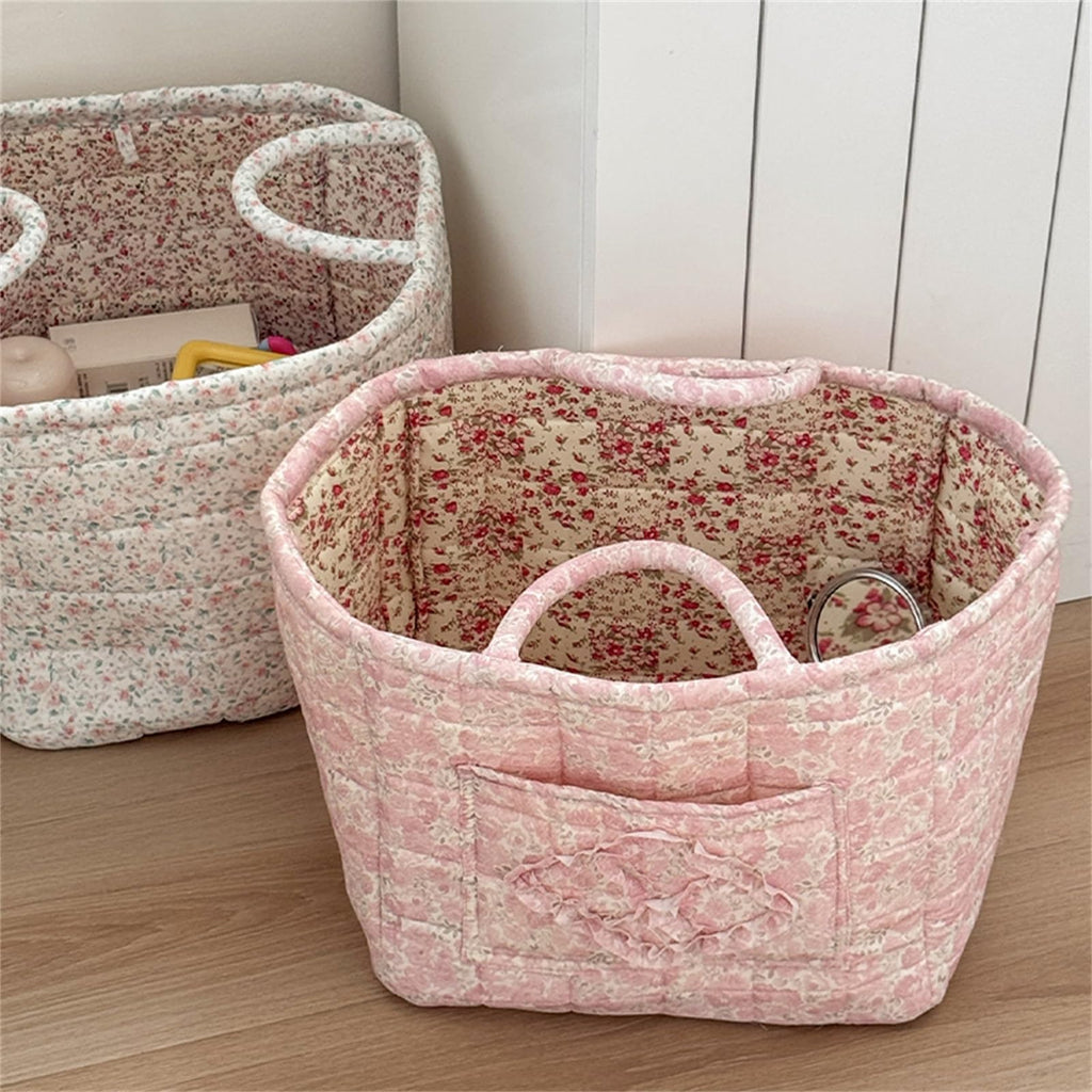 Neaonau Quilted Fabric Storage Basket with Handles & Pocket, Foldable Laundry Hamper Boho Floral Print Organizer Bin for Home, Picnic, Office 12"x10"x10" (A-4)