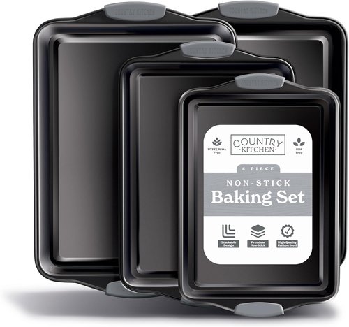 Country Kitchen Nonstick Bakeware Set - Durable & Easy Release, Stackable Design, Grey | 4 Pieces