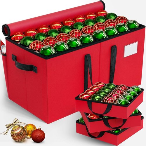 EverMerry Christmas Ornament Storage Box - Large Sturdy Container with Adjustable Dividers & 8 Trays (Red)