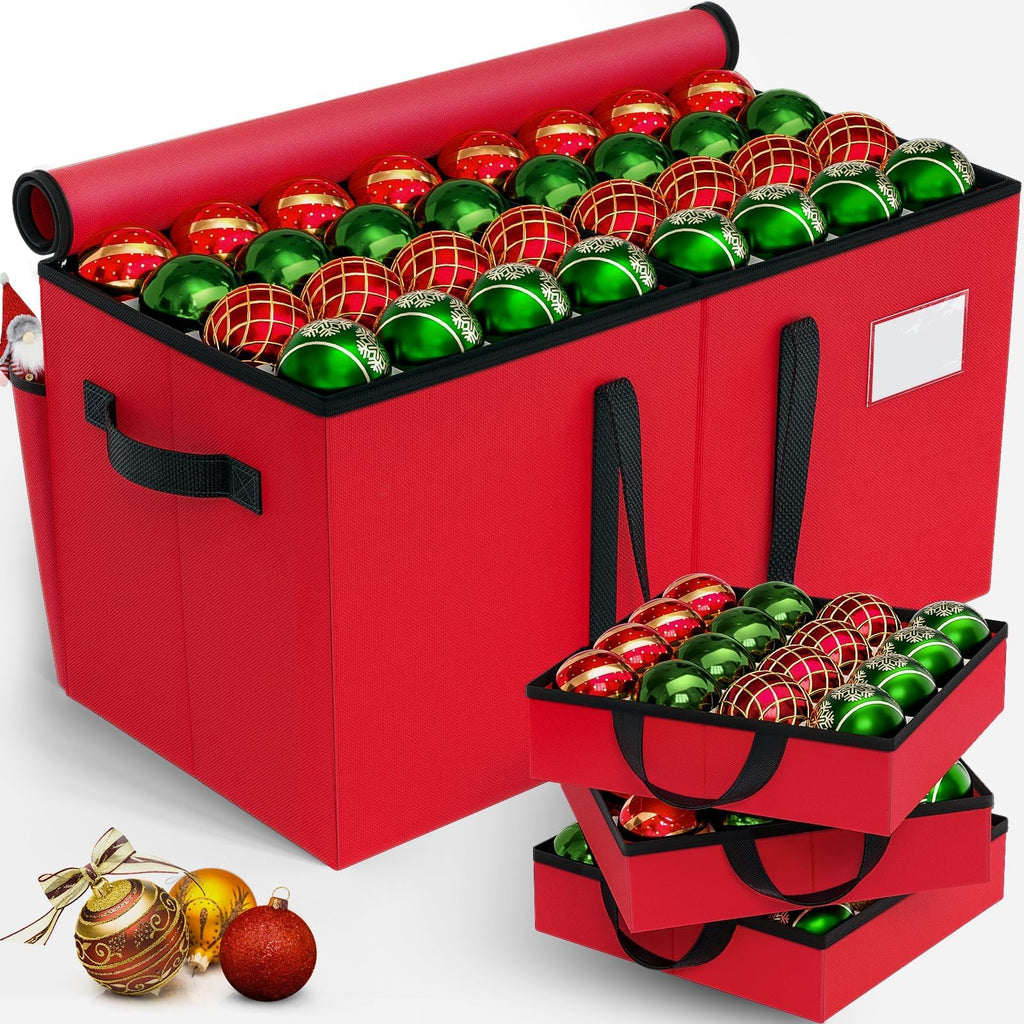 EverMerry Christmas Ornament Storage Box - Large & Sturdy Christmas Storage Container with Adjustable Dividers, 8 Individual Trays and Handles, Holds up to 128 Holiday Decorations (Red)