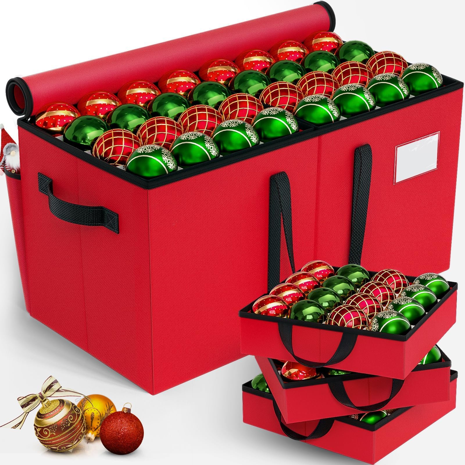 EverMerry Christmas Ornament Storage Box - Large & Sturdy Christmas Storage Container with Adjustable Dividers, 8 Individual Trays and Handles, Holds up to 128 Holiday Decorations (Red)