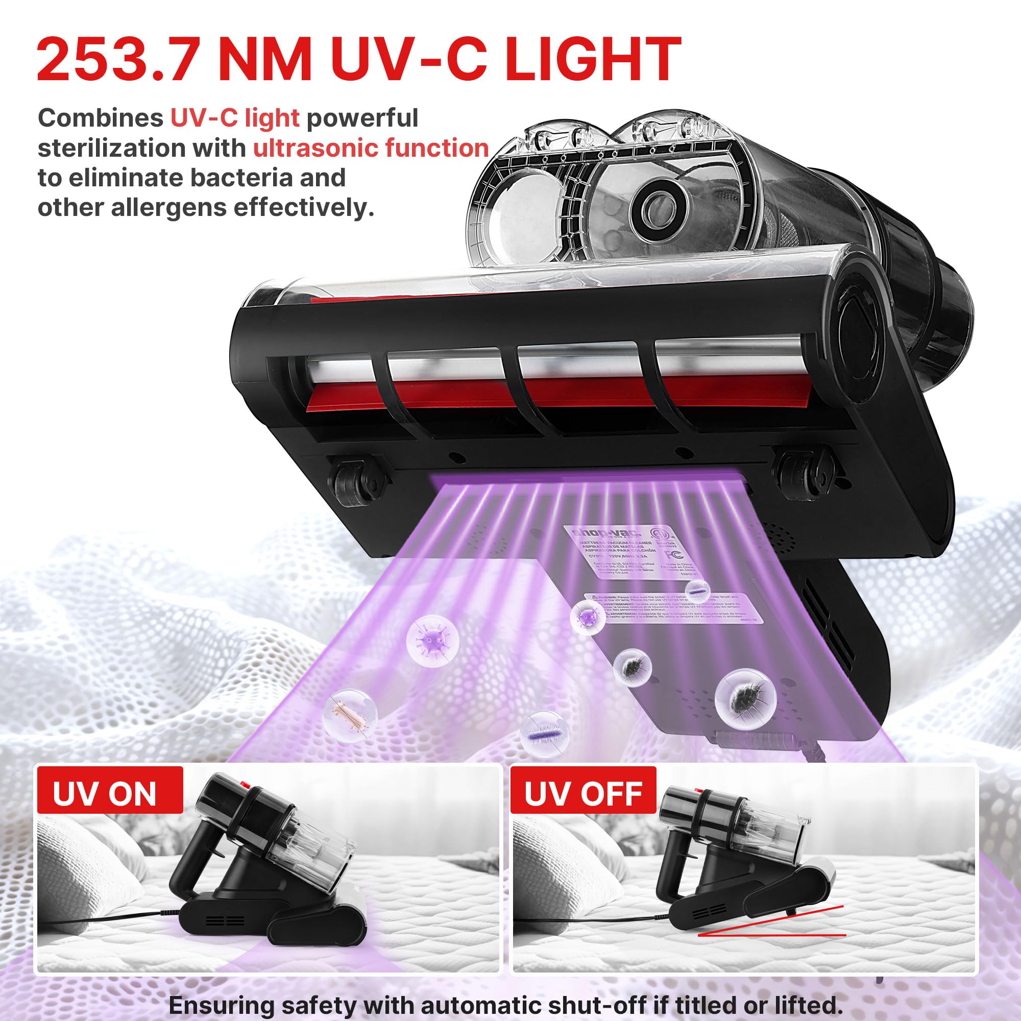 Shop-Vac Mattress Vacuum Cleaner, 14KPa Powerful Bed Vacuum with 253.7nm UV-C Light, 36960 RPM/Min Tapping, HEPA Filter & Ultrasonic, Dual Cup Filtration, for Bed, Sofa, Couch, 400W, 15.4 ft Corded