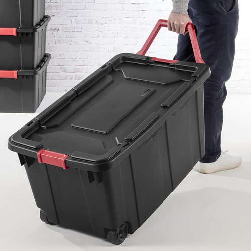 40 Gallon Wheeled Industrial Storage Tote - Heavy-Duty Plastic with Latch Lid & Pull Handle | Blue, 2 Pack