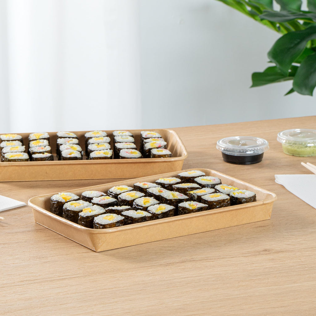 Matsuri Vision 9.5 x 6 x 0.9 Inch Sushi Trays, 100 Greaseproof Sushi Packaging Boxes - Lids Sold Separately, Disposable, Kraft Paper Sushi Containers, For Appetizers Or Desserts - Restaurantware