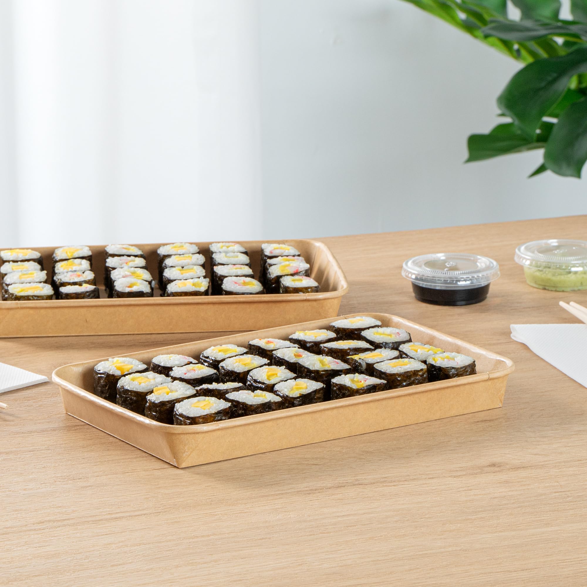 Matsuri Vision 9.5 x 6 x 0.9 Inch Sushi Trays, 100 Greaseproof Sushi Packaging Boxes - Lids Sold Separately, Disposable, Kraft Paper Sushi Containers, For Appetizers Or Desserts - Restaurantware