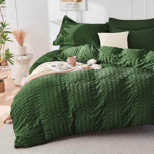 HYMOKEGE Queen Comforter Set - Dark Green Seersucker 7-Piece Luxury Bedding Set for All Seasons