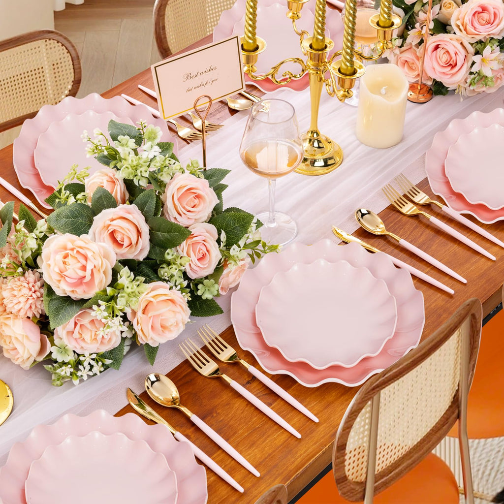 LIYH 50 Pcs Pink Plastic Plates Reusable - Durable and Dishwasher Safe Baby Shower Plates Wavy Daisy Plastic Flower Plate for Mothers Day Plates Party Wedding Birthday Picnics BPA Free (25Guests)