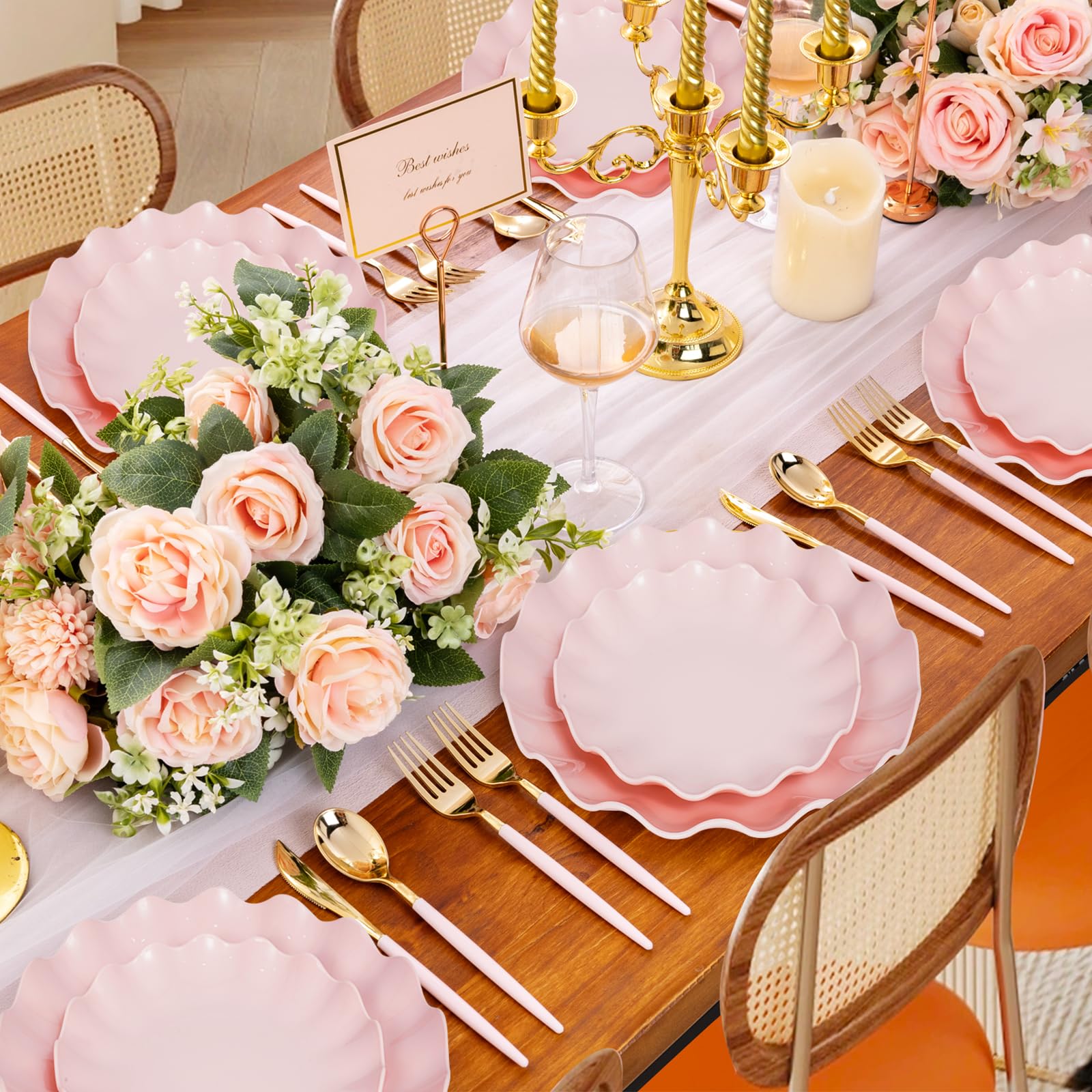 LIYH 50 Pcs Pink Plastic Plates Reusable - Durable and Dishwasher Safe Baby Shower Plates Wavy Daisy Plastic Flower Plate for Mothers Day Plates Party Wedding Birthday Picnics BPA Free (25Guests)