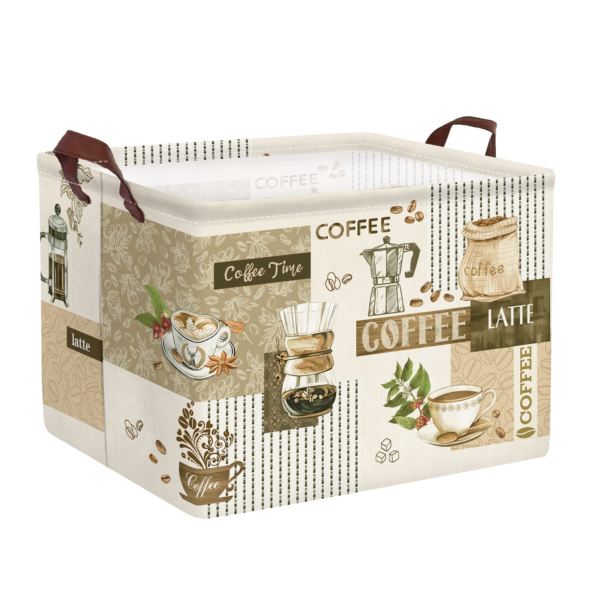 Clastyle Large Breaktime Coffee Theme Storage Basket Coffee Bean Cup Snack Kitchen Storage Bin Rectangle Brown Basket for Clothes Toy Book