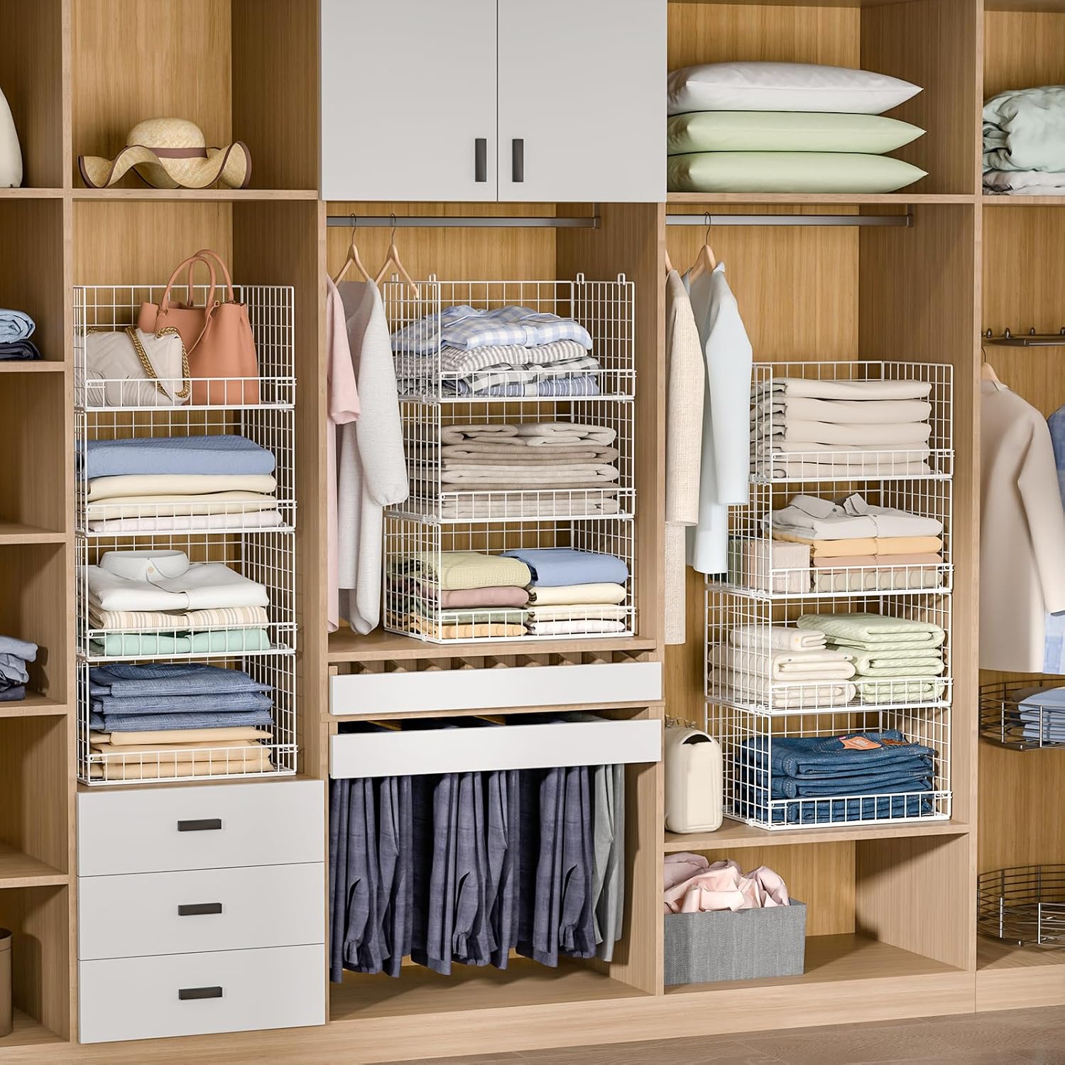 Yociyoga 4-Tier Stackable Closet Organizer - Space-Saving Foldable Storage Baskets | White