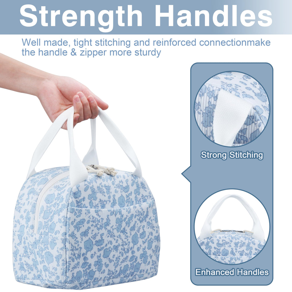 TESAFNG Lunch Bag - Insulated Lunch Box for Women, Reusable Large Capacity Cooler Bag for Adult, Small Leakproof Cute Corduroy Lunch Tote for Work Office Travel Picnic (Corduroy Blue-Flower)