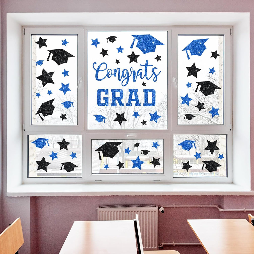Whaline Glitter Graduation Window Clings - Reusable Blue & Black Decor for Home & School Celebrations