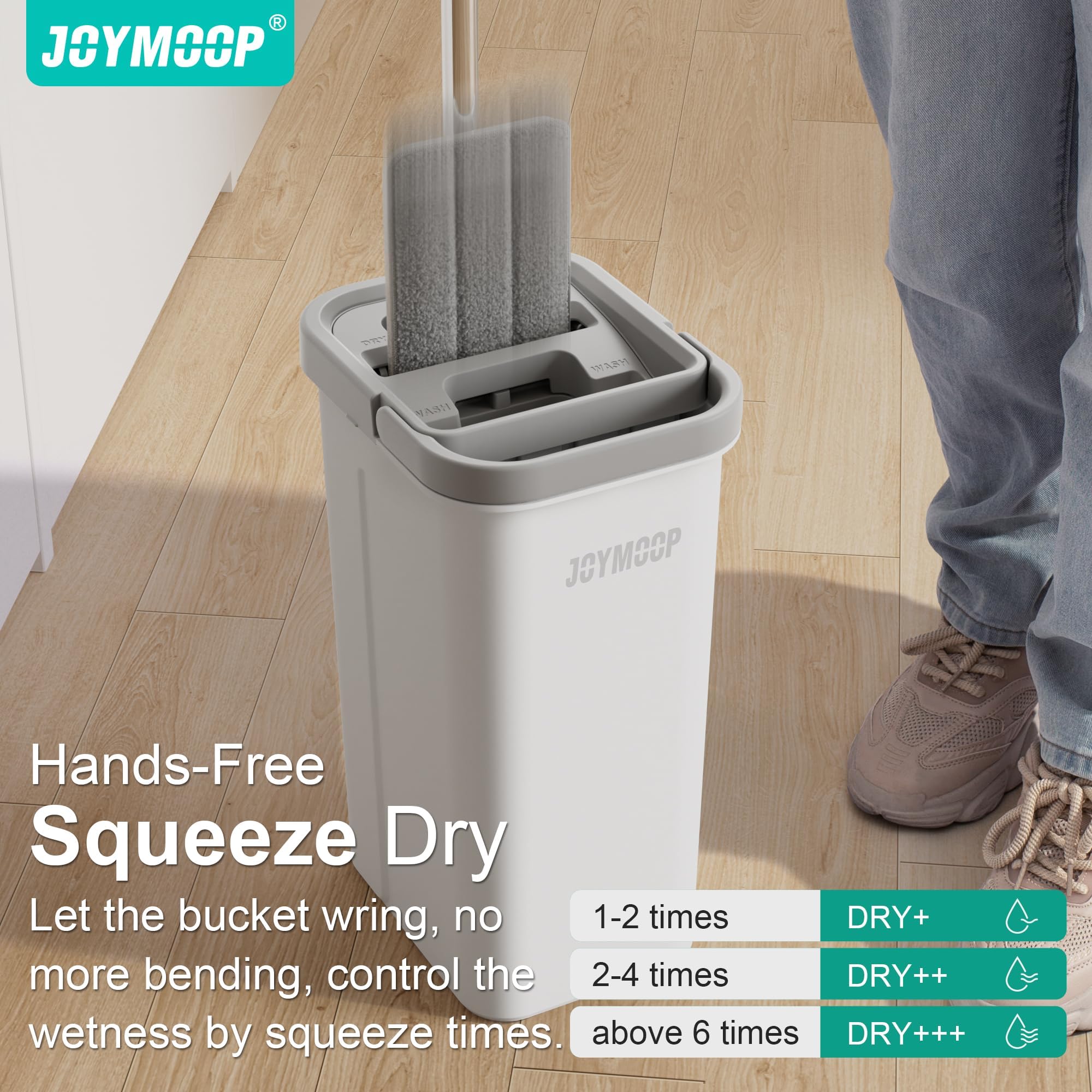 JOYMOOP Microfiber Flat Mop and Bucket System, Mops for Floor Cleaning and Wall Cleaner, Hardwood, Tile, Laminate, Vinyl Floors, Smooth Walls, and Glass Windows - 50" Flat Mop+1 Microfiber Pad[White]