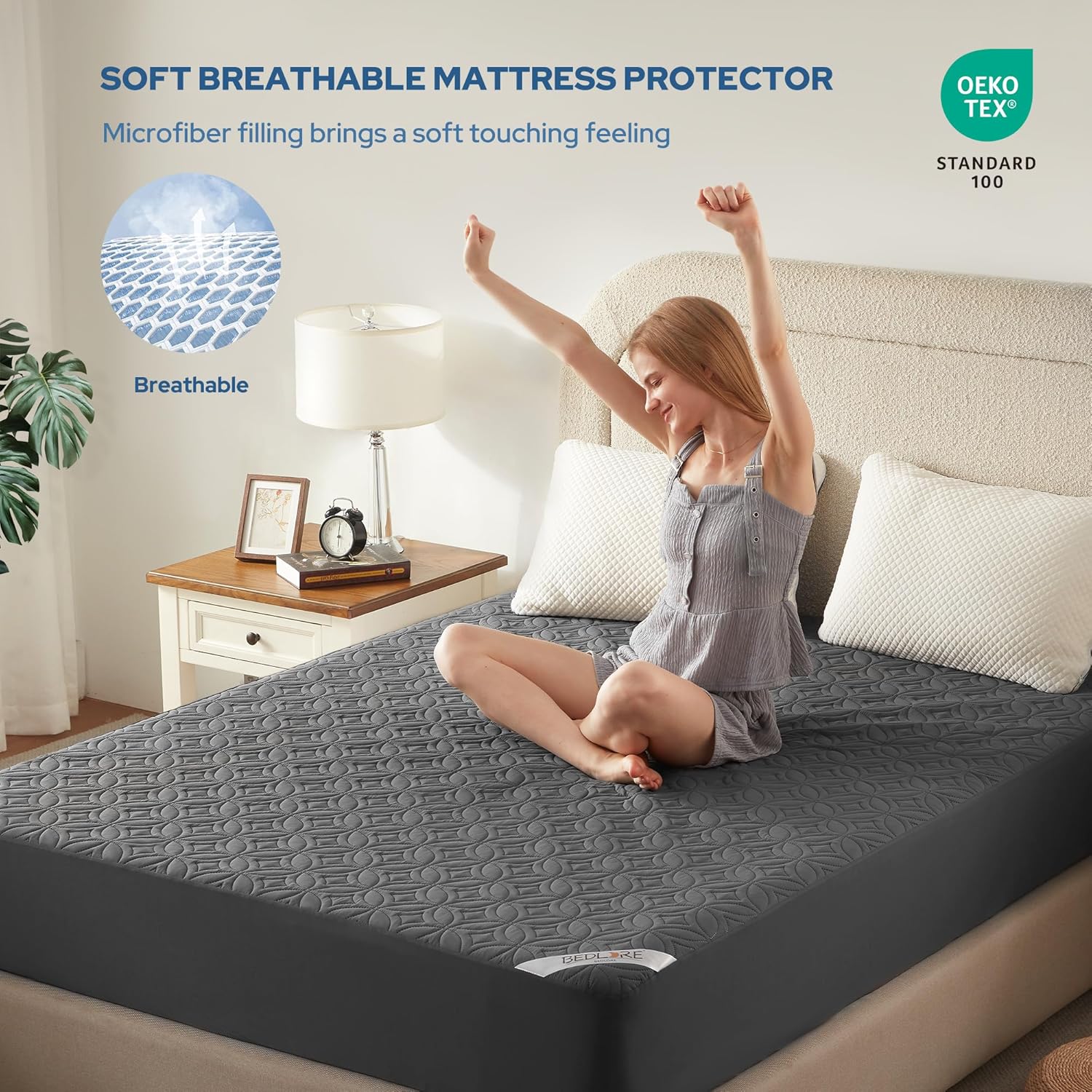 BEDLORE Waterproof Mattress Protector - Soft, Dirt-Proof Full Size Pad for 6"-15" Depth | Gray