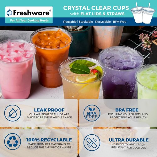 Freshware 12 oz Clear Disposable Plastic Cups - Heavy-Duty Tumblers with Flat Lids & Straws | 100 Pack for Parties