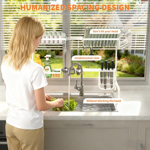 HOTEAGLE Dish Drying Rack for Kitchen Counter 2 Tier Expandable Over Sink Dish Rack, 25.6"-33.5" L x 12.4" W x 20.5" H, White