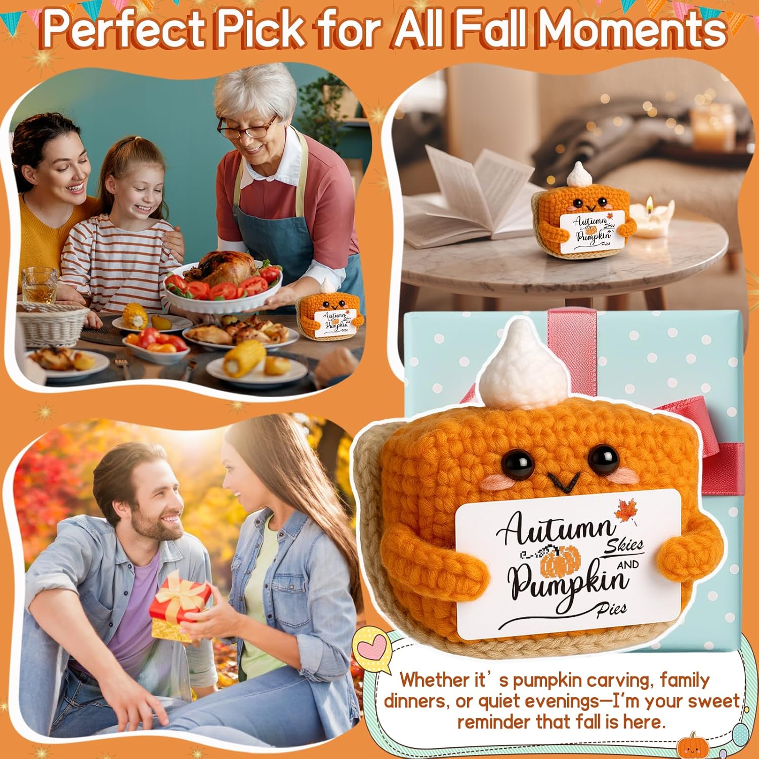 Skiennix Mini Pumpkin Pie Crochet Doll - Cute Fall Decor for Thanksgiving | Plush Autumn Table Decoration