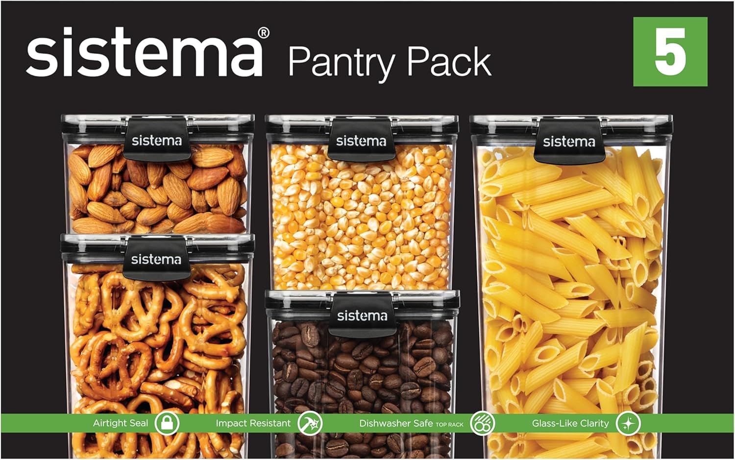 Sistema Tritan Ultra Airtight Kitchen Storage Containers - 5-Pack Clear Stackable BPA-Free