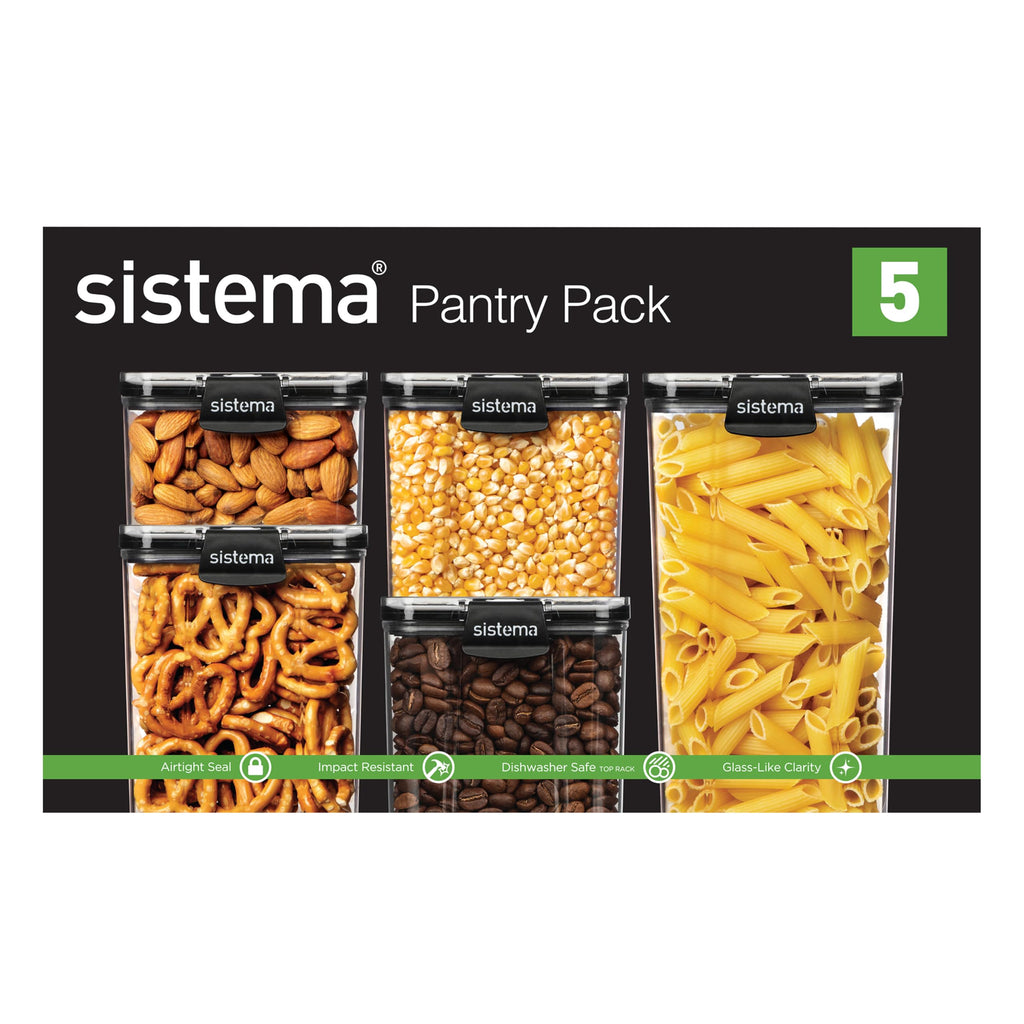 Sistema Tritan Ultra Airtight Pantry & Kitchen Storage Containers, 5-Pack, Clear Stackable Square Food Storage, BPA-Free, Dishwasher & Freezer-Safe (Microwave-Safe Without Lid)