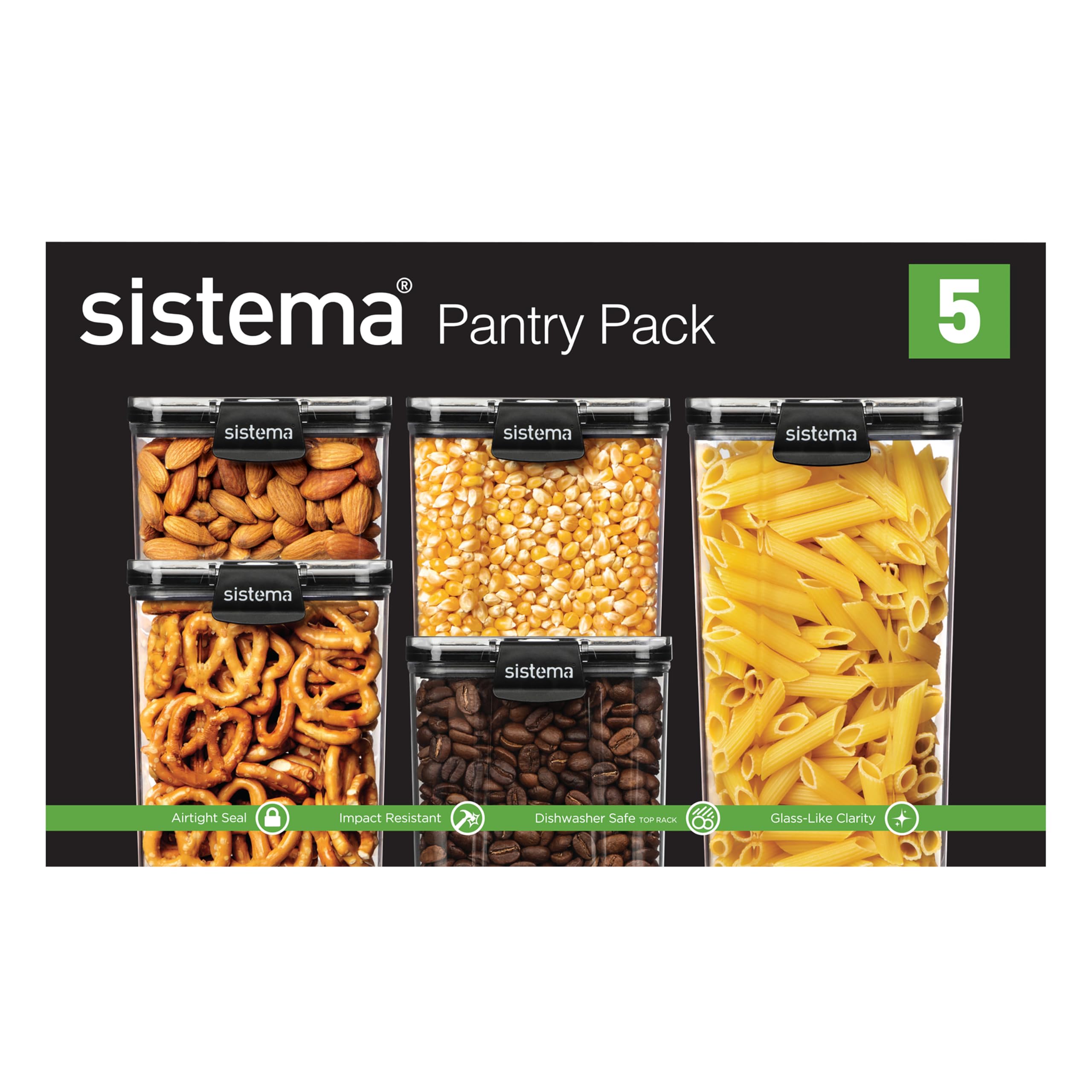 Sistema Tritan Ultra Airtight Pantry & Kitchen Storage Containers, 5-Pack, Clear Stackable Square Food Storage, BPA-Free, Dishwasher & Freezer-Safe (Microwave-Safe Without Lid)