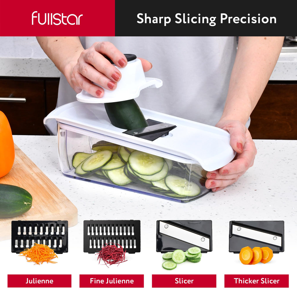 Fullstar Mandoline Slicer for Kitchen - Vegetable Chopper, Onion Potato Food Veggie Fruit Slicer and Cutter with Container, Kitchen Gadgets & Gifts, Home Essentials (All-in-1, White/Black)