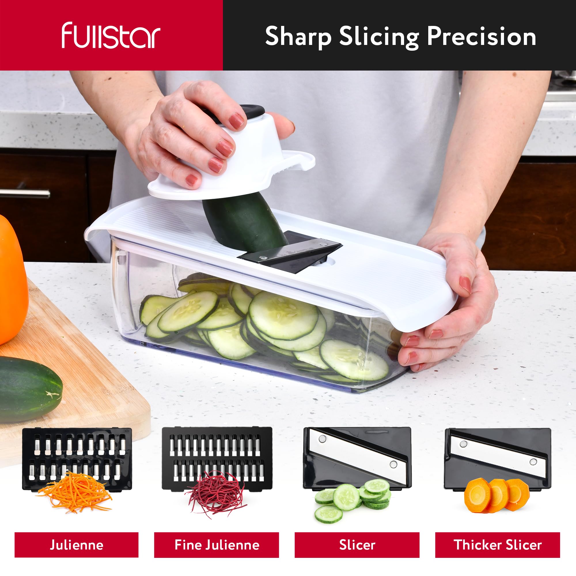 Fullstar Mandoline Slicer for Kitchen - Vegetable Chopper, Onion Potato Food Veggie Fruit Slicer and Cutter with Container, Kitchen Gadgets & Gifts, Home Essentials (All-in-1, White/Black)