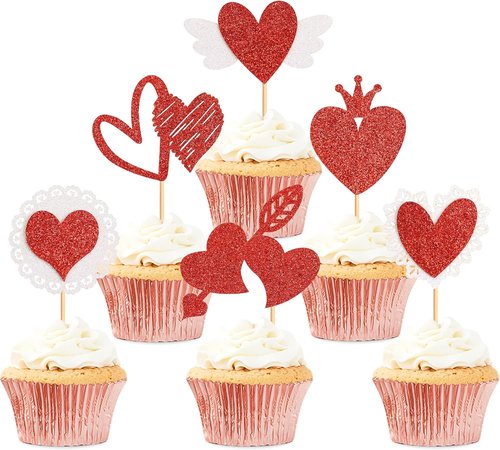 Ercadio Red Heart Cupcake Toppers - Glittery Valentine's Day Picks for Bridal Showers & Engagements | 24 Pack