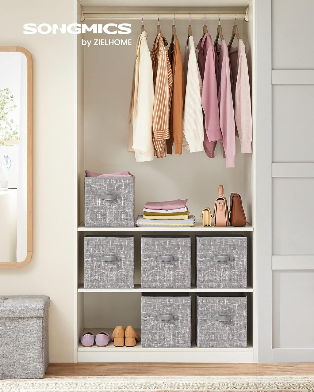 SONGMICS Storage Cubes - 11-Inch Foldable Non-Woven Fabric Bins with Double Handles | Set of 6 in Taupe