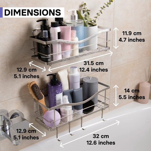 KINCMAX Premium Shower Caddy - Self-Adhesive Wall Organizer | Rustproof Stainless Steel, 2-Pack, Silver