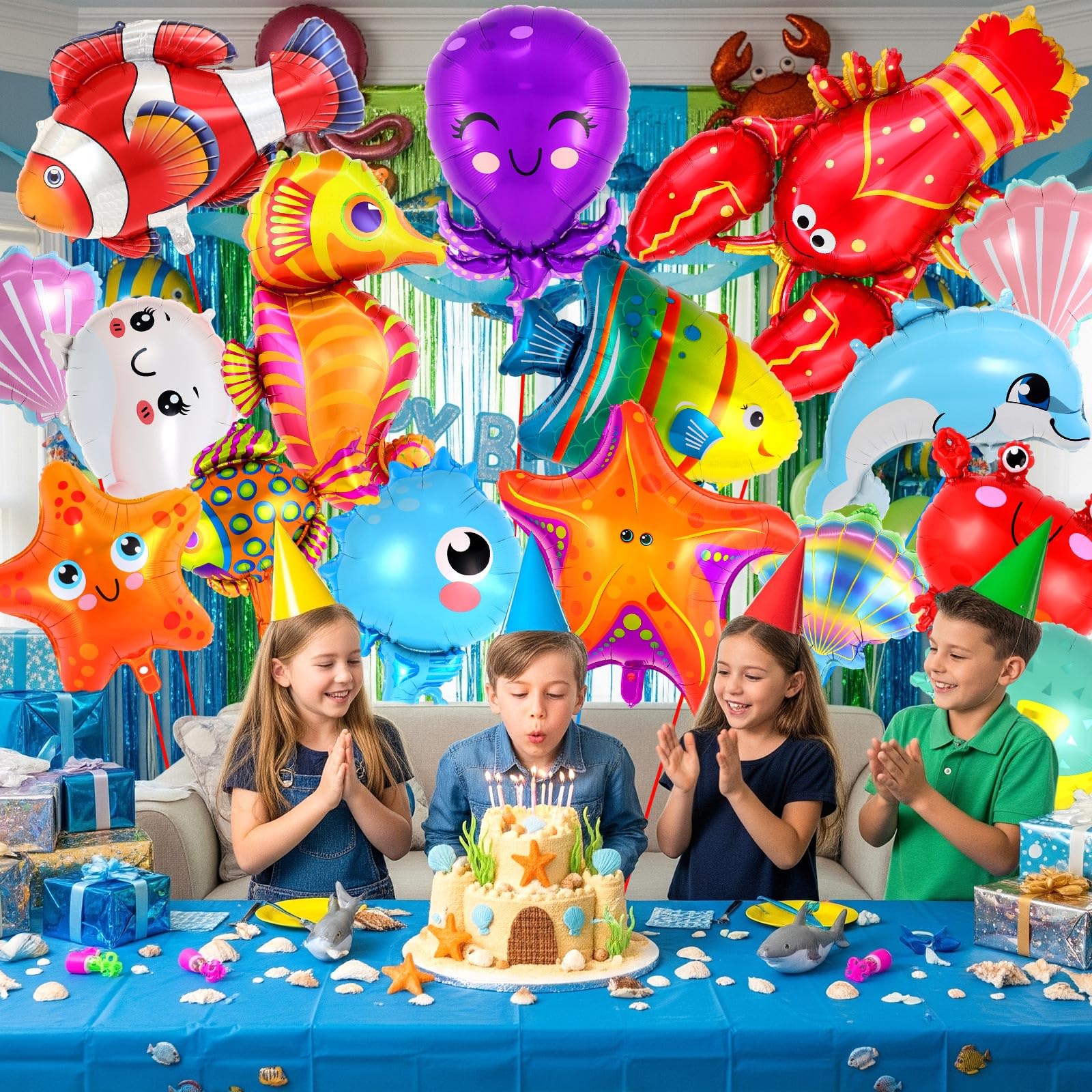 16 Pcs Ocean Animal Balloons, Under The Sea Balloons, Fish Lobster Octopus Starfish Seahorse Foil Balloon for Kids, Sea Animal Mylar Balloon for Beach Ocean Pool Birthday Party Decorations