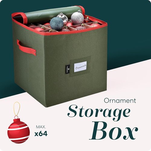 Handy Laundry Christmas Ornament Storage Box - Holds 64 Ornaments with Adjustable Dividers | Green, Zippered Top & Two Handles
